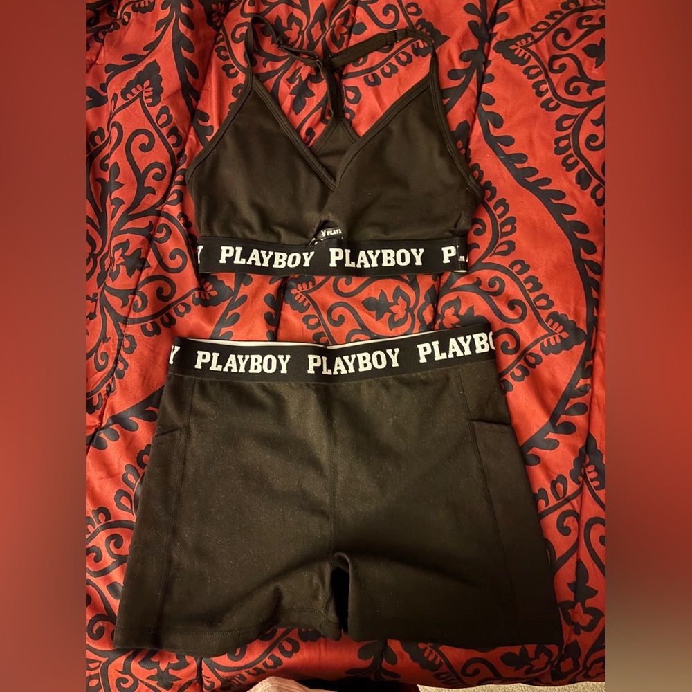 Playboy Black Sports Bra & Shorts Set